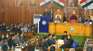 President of India addressing the special session of Arunachal Pradesh Legislative Assembly at Naharlagun on 29th November 2013. Also seen: Governor of Arunachal Pradesh Lt. Gen (Retd) Nirbhay Sharma and Speaker Shri Wangling Lowangdong