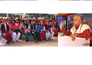 >Governor Lt General Nirbhay Sharma addressing the people on the occasion of Indigenous Faith Day celebration at Indira Gandhi Park, Itanagar  on 1st December, 2013