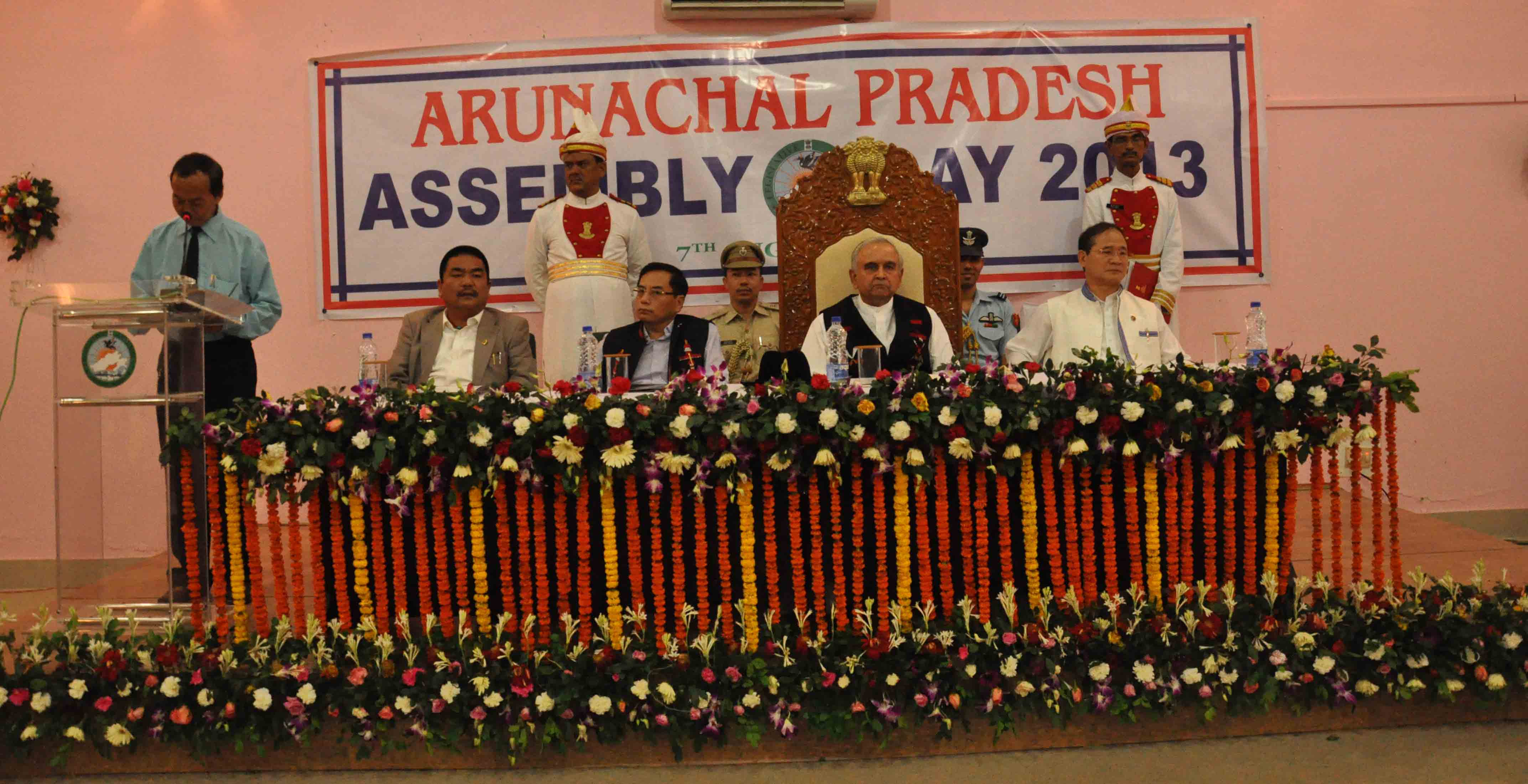 Governor of Arunachal Pradesh Lt.Gen (Retd) Nirbhay Sharma with Chief Minister of State, Nabum Tuki, Speaker and Deputy Speaker, at Nokmey Namati Hall of Assembly Secretariat on the occasion of first Assembly Day celebration at Naharlagun,07/08/2013