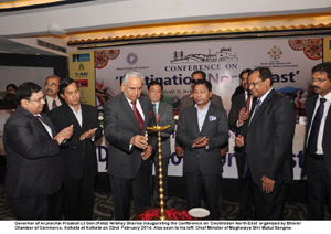 Governor of Arunachal Pradesh Lt Gen (Retd) Nirbhay Sharma inaugurating the Conference on Destination North East organized by Bharat Chamber of Commerce, Kolkata at Kolkata on 22nd  February 2014. Also seen to his left:  Chief Minister of Meghalaya Shri Mukul Sangma.