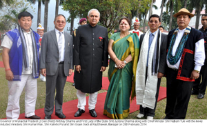 Governor of Arunachal Pradesh Lt Gen (Retd) Nirbhay Sharma and First Lady of the State Smt Jyotsna Sharma along with Chief Minister Shri Nabam Tuki with the newly inducted ministers Shri Kumar Waii, Shri Kalikho Pul and Shri Gojen Gadi at Raj Bhawan, Itanagar on 28th February 2014