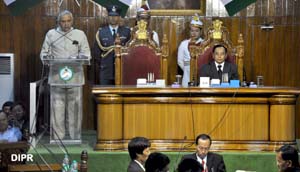 Governor of Arunachal Pradesh Lt Gen (Retd) Nirbhay Sharma addressing the Thirteenth Session of the Fifth Legislative Assembly at Arunachal Pradesh State Legislative Assembly, Naharlagun on 4th March 2014. Also seen, Speaker of State Legislative Assembly Shri Wanglin Lowangdong