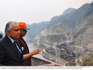 Governor of Arunachal Pradesh Lt. Gen (Retd) Nirbhay Sharma at the project site of Subansiri Lower Hydroelectric Project under National Hydroelectric Power Corporation Ltd. at Gerukamukh on 13th March 2014, while NHPC Subansiri Lower Hydroelectric Project Executive Director Rakesh briefing him