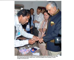 The Governor of Arunachal Pradesh Lt Gen (Retd) Nirbhay Sharma and First Lady of the State Smt Jyotsna Sharma at the Polling Centre, Government Middle School building, P Sector, Itanagar on 9th April 2014