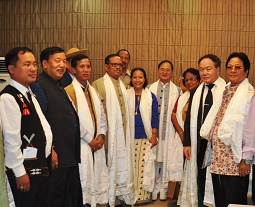 The Governor of Arunachal Pradesh Shri JP Rajkhowa and the First Lady of the State Smt Rita Rajkhowa with Chief Minister Shri Nabam Tuku, Cabinet Ministers newly inducted ministers and Parliamentary Secretaries at the High Tea in the Gandhi Hall, Raj Bhawan, Itanagar on 16th October 2015.