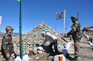 The Governor of Arunachal Pradesh Shri JP Rajkhowa, placing a stone on the Heap of Stones as a gesture towards strengthening Sino-India Friendship during his visit to the remote border post of Bumla in Tawang District on 25th October 2015 