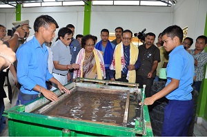 The Governor of Arunachal Pradesh Shri JP Rajkhowa and First Lady of the State Smti Rita Rajkhowa in the Waste Paper Recycling Unit of Donyi Polo Mission School for Hearing and Visually Impaired School, Chimpu, Itanagar on 15th October 2015