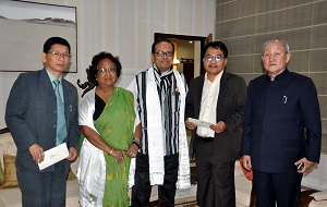 The Governor of Arunachal Pradesh Shri JP Rajkhowa with the newly elected Speaker,Shri Wangki Lowang along with Deputy Speaker Shri T.N. Thongdok also seen the First Lady Smti Rita Rajkhowa & Chief Minister Shri Kalikho Pul at Raj Bhavan, Itanagar on 25th February 2016.