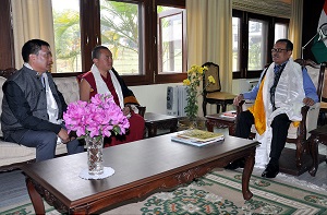 The Governor of Arunachal Pradesh Shri JP Rajkhowa with His Eminence Guru Rimpoche, the Abbot of Tawang Monastery at Raj Bhavan, Itanagar on 11th March 2016.