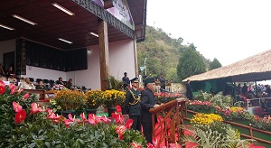 The Governor of Arunachal Pradesh Brig. (Dr.) B.D. Mishra (Retd.) speeches during Hornbill Festival in the Naga Heritage Village of Kisama, 10 kilometres from Kohima, Nagaland on 9th December 2017.