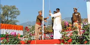 The Governor of Arunachal Pradesh Shri V. Shanmuganathan  hoisting the National Flag during 68th  Republic day celebration at Indira Gandhi Park, Itanagar on 26th January 2017.