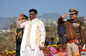 The Governor of Arunachal Pradesh Shri V. Shanmuganathan  hoisting the National Flag during 68th  Republic day celebration at Indira Gandhi Park, Itanagar on 26th January 2017.