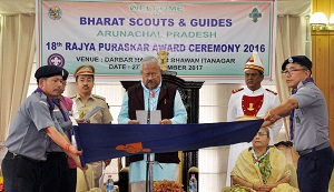 The Governor of Arunachal Pradesh Shri P.B. Acharya celebrating 18th Bharat Scouts and Guides Rajya Puraskar Award ceremony for the State at Raj Bhavan, Itanagar on 27th September 2017. 